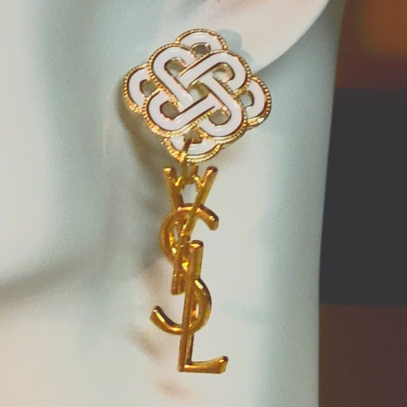 Vintage YSL Upcycled Beauty Bag Zipper Pulls, Gold  2" Drop Earrings &Necklace - Picture 5 of 5